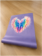 Angel Feathers yoga mat by Dara Mats, angel wing and rainbow artwork on a premium Irish-designed mat